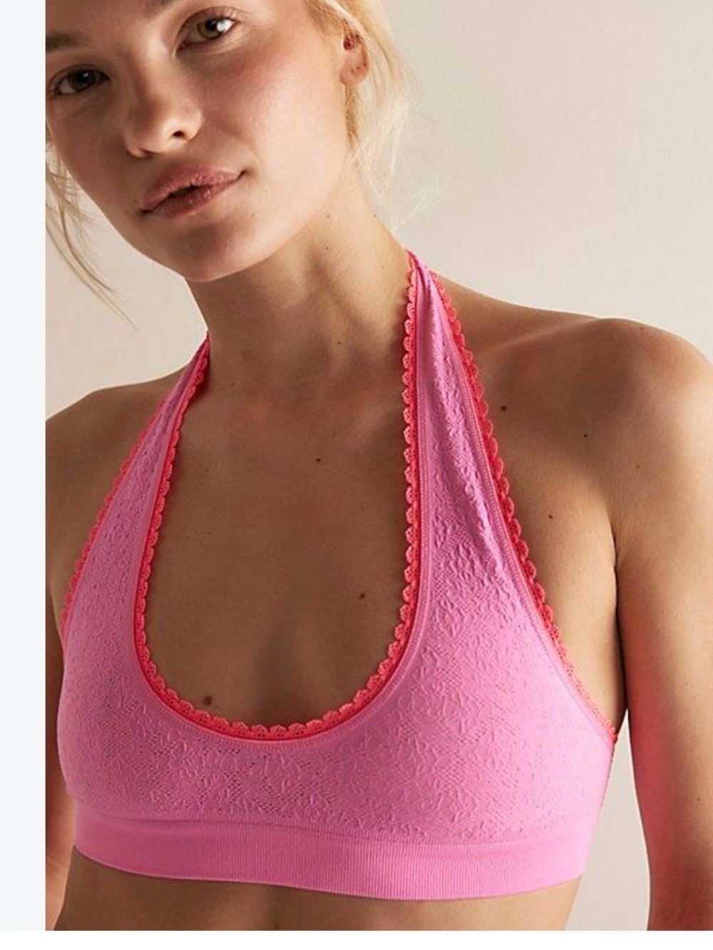 Free People Neon Pink Sweet Point Seamless Halter Bralette, Size M/L, NEW NWT